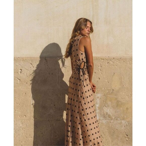 MON RENN LUCINDA MIDI DRESS IN MOCHA POLKA DOT size S NWT$199 - Picture 1 of 11